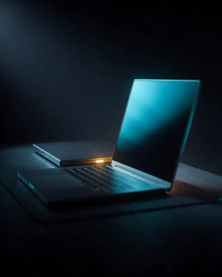 Koyu zeminde açık bir dizüstü ile arkasında kapalı ikinci laptop; ekranda camgöbeği geçiş, kenarlarda ince ışık.